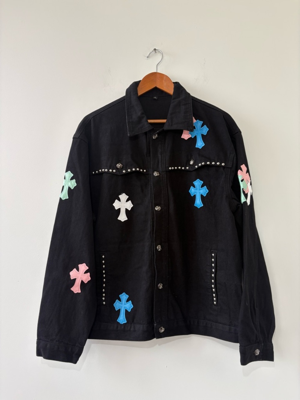 :
Black Gothic Cross Studded Jacket Size L Streetwear Y2K Punk Unisex